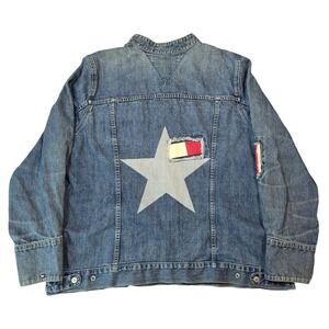 Tommy Hilfiger Womens M Denim Jacket Star Flag Patch Mandarin Collar